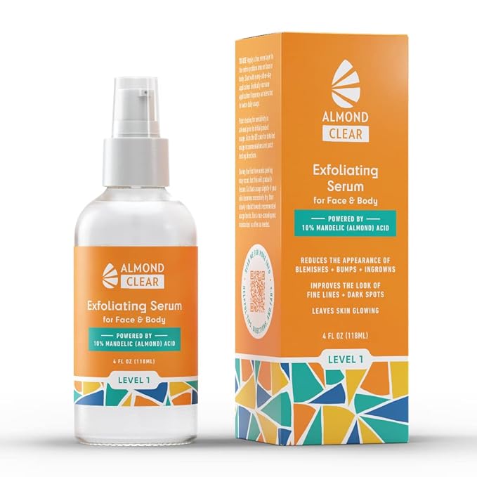 Almond Clear Level 1 Serum | Mandelic Acid Facial Serum for Acne, Folliculitis, Aging Skin, Ingrown Hairs, Dark Spots on Face, Chest, Butt, Back, Thighs, Arms | 4oz