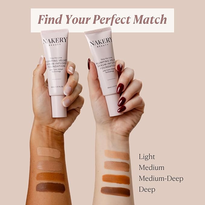 Nakery Full Coverage Foundation for Women - 5 in 1 Plumping Liquid Foundation Makeup - Serum Infused Makeup Foundation Smart Color Adapt with Niacinamide & Hyaluronic Acid for All Skin Types - Deep