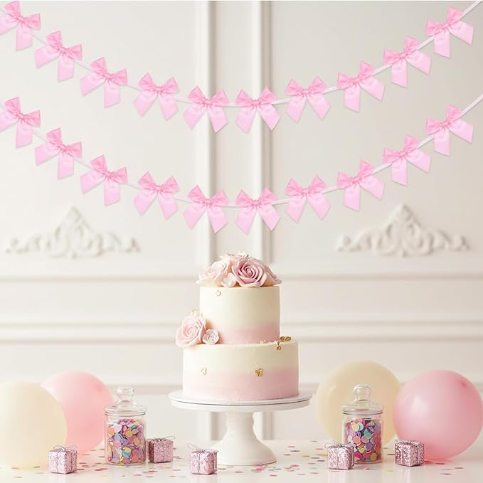 2Pcs Bow Garland Banner,Ribbon Bow Decorations for Party,Pink Bow for Baby Shower Decorations Wedding Bachelorette Bridal Shower Supplies(Pink)
