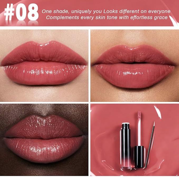 evpct Dirty Pink Shiny Longwear No-Budge Liquid Lip Color Lipstick Makeup, Highly Pigmented Color Instant Shine, Waterproof Long Lasting Lipstick for Women, Lip Stain Gloss with Lip Liner Brush, 08#