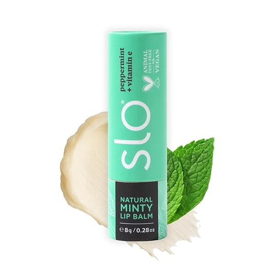 Slo | Natural Lip Balm - All Natural Ingredients, Vegan & Cruelty Free, Hydrating & Soothing, Plastic Free, Paper Packaging | Peppermint + Vitamin E, (0.28oz/8g)