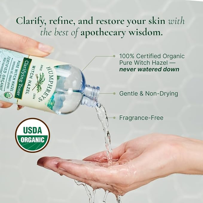 Humphreys Witch Hazel Clarifying Toner | Wild Harvested Witch Hazel | USDA Organic | Natural | Hydrating | Clears Pores & Removes Oil | 8 Fl Oz