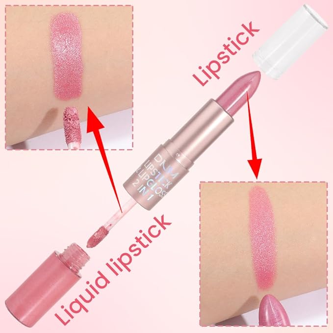 evpct 2 in 1 Light Pink Glitter Metallic Shimmer Diamond Lipstick and Lip Gloss Set for Women Long Lasting Waterproof, Bright Rose Pink Sparkle Glitter Shiny Lipstick and Lip Liner Makeup set, 01#