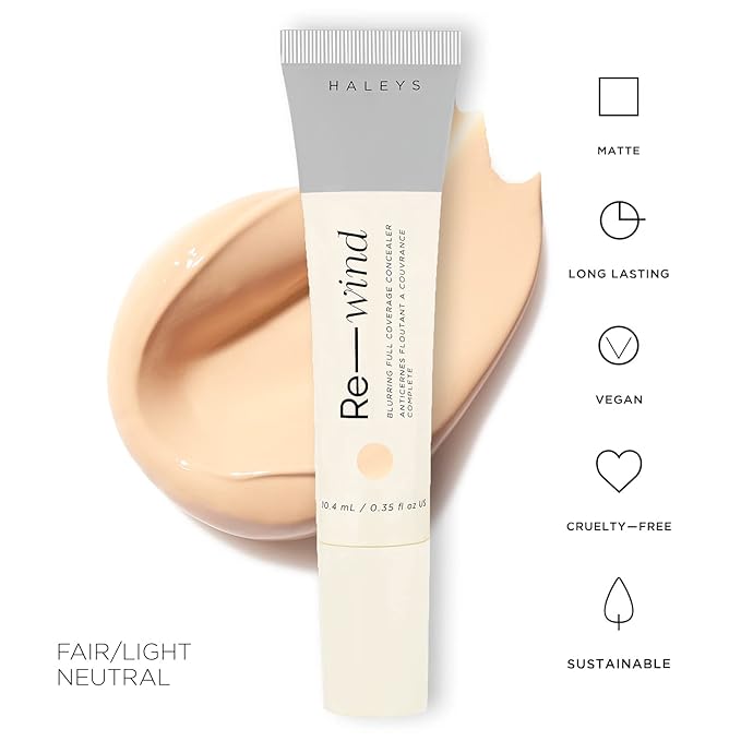 HALEYS Re-wind Blurring Full Coverage Concealer (Fair/Light - Neutral), Brighten, Reduce redness, dark circles and fine lines, Non-Caking, Longwear, Nourishes, Lightweight, Soft-Matte Finish, V + CF