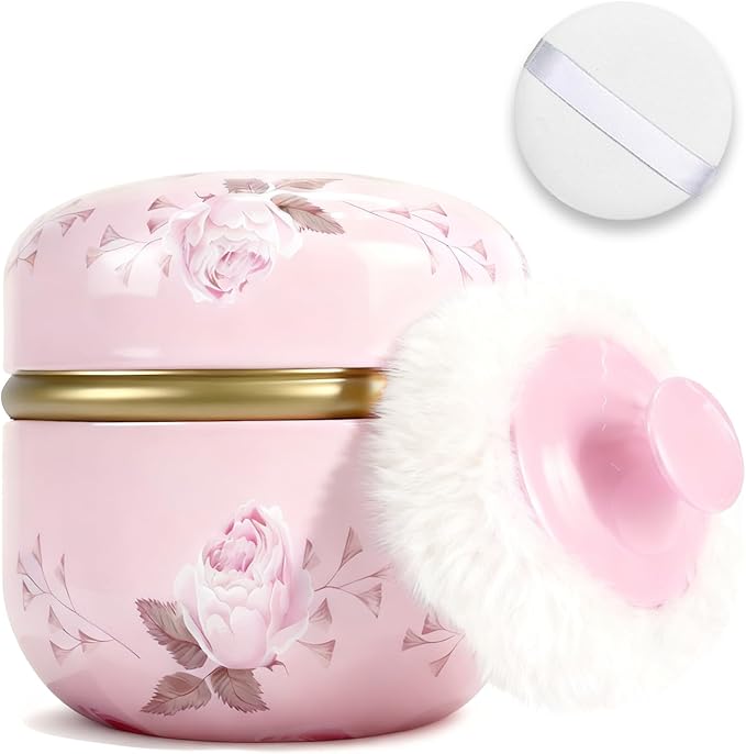 SHIMIDO Body Powder Puff and Container, 3.15" Portable Empty Body Powder Container for Baby Women's Loose Dusting Powder, Powder Case Box with Lids for Bath, Travel and Home Use (Old time)
