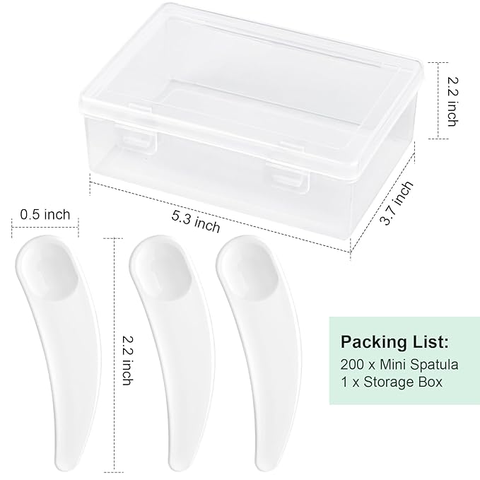 TUZAZO 200pcs Mini Spatula for Cosmetics, Bulk Disposable Makeup Spatulas Mini Plastic Makeup Scoop Spatulas for Cosmetic Mixing and Sampling (White with Storage Box)