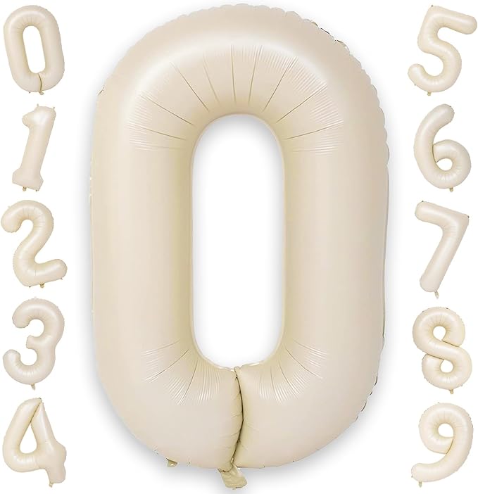 40 Inch Large Cream Numbers Balloons 0-9, Self Inflating White Sand Foil Number 0 Helium Balloon for Boy Girl, Big Beige Digit 0 Balloons for Women Men 30 40 50 60 70 80 100 Birthday Party Decoration