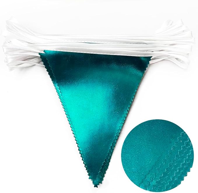 Teal Aqua Blue Triangle Pennant Banner Dark Metallic Fabric Flag Bunting Garland for Birthday Baby Shower Bridal Shower Graduation Wedding Holiday Retirement Mermaid Party Decorations Supplies