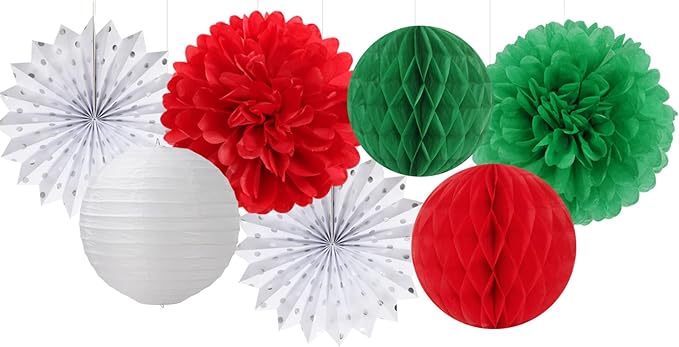 Red-Green White Party Decorations - 14pcs Winter Birthday New Year Paper Lanterns Fan,Italian Tissue Pom Poms Streamers,Honeycomb Balls, Wedding Baby Shower Decor Lasting Surprise