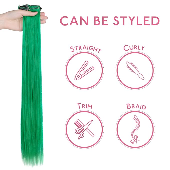WENNALIFE 12 PCS Green Hair Extensions Clip in, Colored Clip in Hair Extensions for Kids Highlights Rainbow Hair Clips for Girls Synthetic Straight Pop-up Style Colorful Festival Girl Hair Accessories
