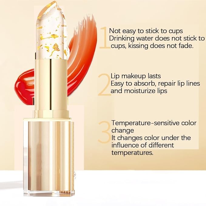 Transferproof Color Changing Lipstick, Gold Crystal Ph Lipstick Color Changing, Clear Lip stick That Changes Color, Hydrating Non-Sticky for Women,Vivid Color, Long Lasting Moisturizing Lip Glow