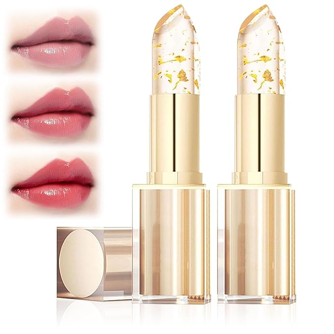 2PCS Transferproof Color Changing Lipstick, Clear Gold Crystal Colors Changing Lipsticks for Women, Long Lasting Moisturizing Glossy Shine Lip Gloss, Deep Nourishment Formula