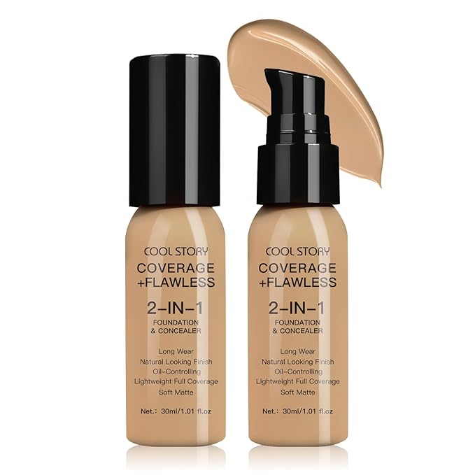 2-in-1 Foundation and Concealer Long Wear Natural Matte Finish Lightweight Coverage (Tan Beige)