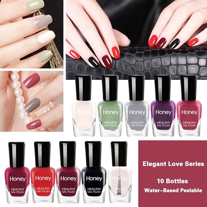 Non Toxic, Easy Peel Off Fast Dry Nail Polish Set for Pack, Eco Friendly and Organic Water Based Nail Polish for Women and Teens(10 Bottles)