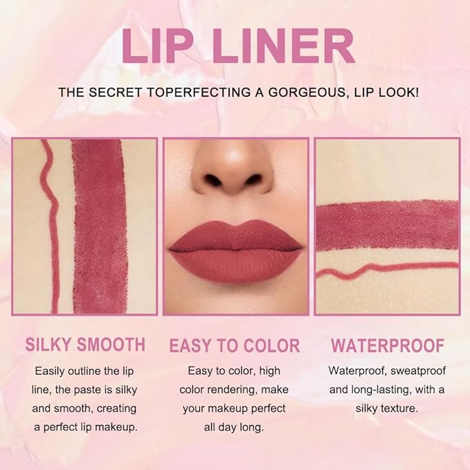 Kaely 2-in-1 Mauve Red Lip Liner & Lipstick Set Kit for Women, Matte Lips Kit with Lip Liner Lip Stains Long Lasting Waterproof 24 Hour Lipstick and Lip Liners Combo Lipliners Pencil Set 13