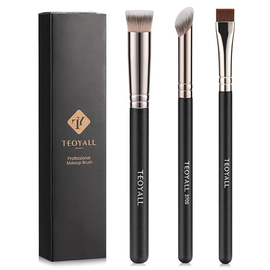 TEOYALL Concealer Brush Set, Flat Top Blush Brush, Angled Nose Contour Brush Ultra-Thin Eyeliner Eyebrow Brush for Flawless Finish (370S/Flat Top/Thin Flat)
