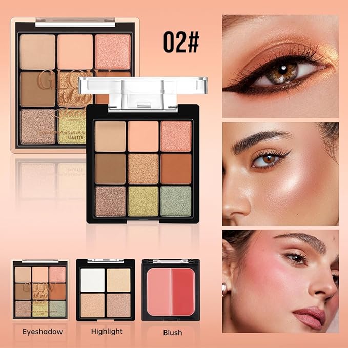 All-in-One Makeup Palette – 9 Color Matte & Pearlescent Eyeshadow, 4 Color Shimmer Highlighter, 2 Color Buildable Blush – Long Lasting, Blendable Face & Eye Makeup Kit (02#, 1 Count (Pack of 1))