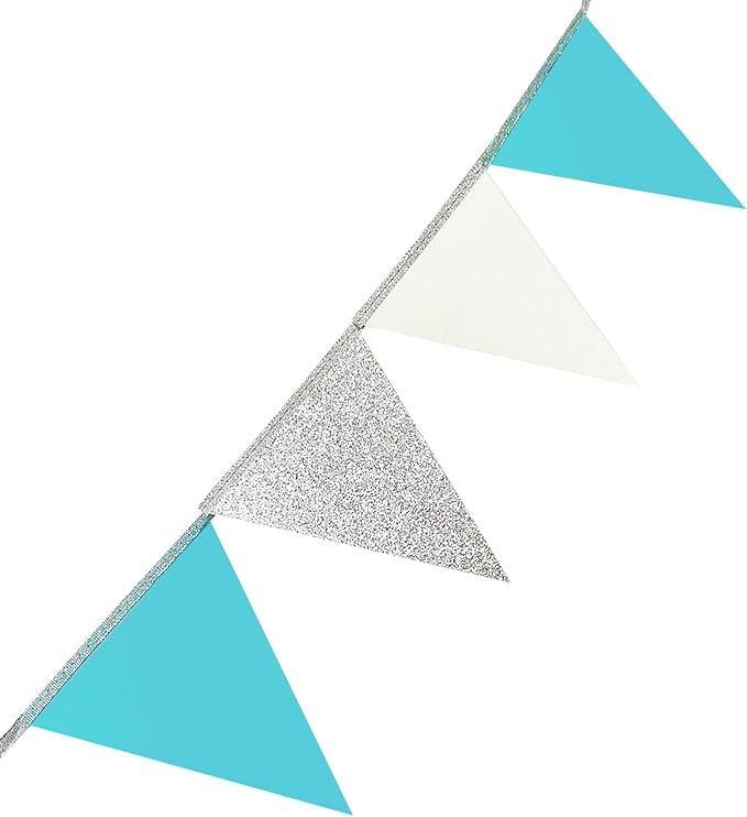 Teal Blue and Silver White Pennant Banner Flag Hanging Glitter Paper Triangle Bunting for Birthday Baby Shower Graduation Bridal Shower Wedding Engagement Turquoise Aqua Party Decorations Supplies