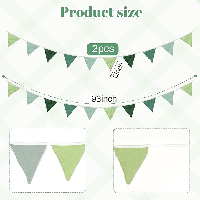 2PCS Pennant Banner Flags, Fabric Bunting Banner Nursery Garland Decor, Baby Shower Garland, Triangle Flags for Baby Boy Room, Playroom, Boho Birthday Party Decor, Each 7.75 ft (Green Blue)