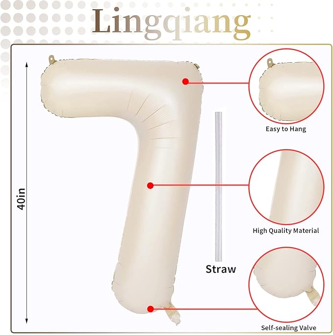 40'' Beige Number 7 Balloons, Giant Self Inflating Cream Foil Number Balloons Set 0-9, Large White Sand Digital 7 Helium Balloon for Girls Boys 7th Birthday Party Decorations Anniversary Supplies