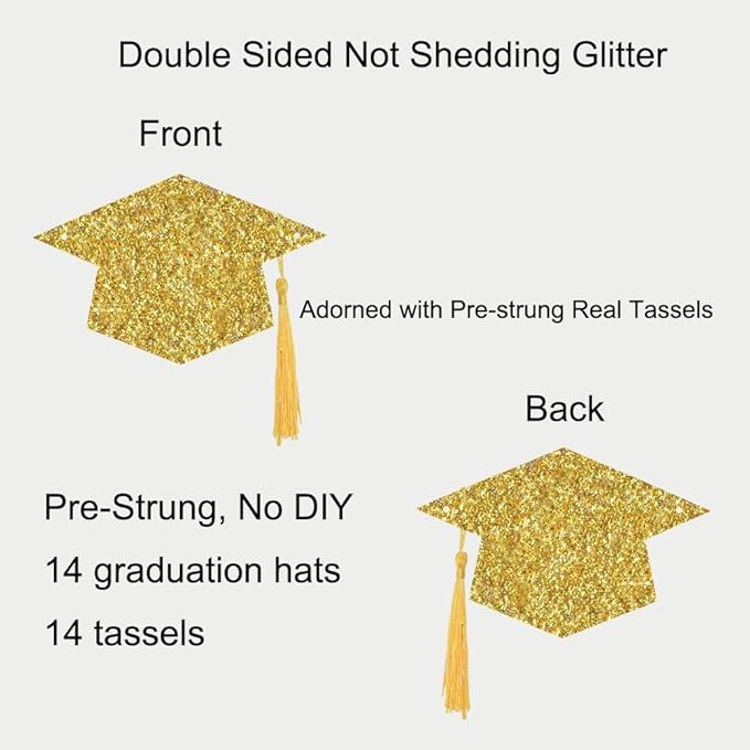 2025 Graduation Hats Decoration Banners Gold Glitter Graduation Cap with Tassel Banners Garlands Class of 2025 Graduate Party Banners for College High School Party Decorations