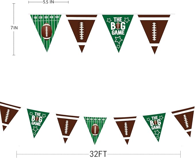 32Ft Football Pennant Banner - Green & Brown Triangle Flag Bunting Garland Streamers for Football Birthday, Baby Shower, Game Day & Sport Party Decor