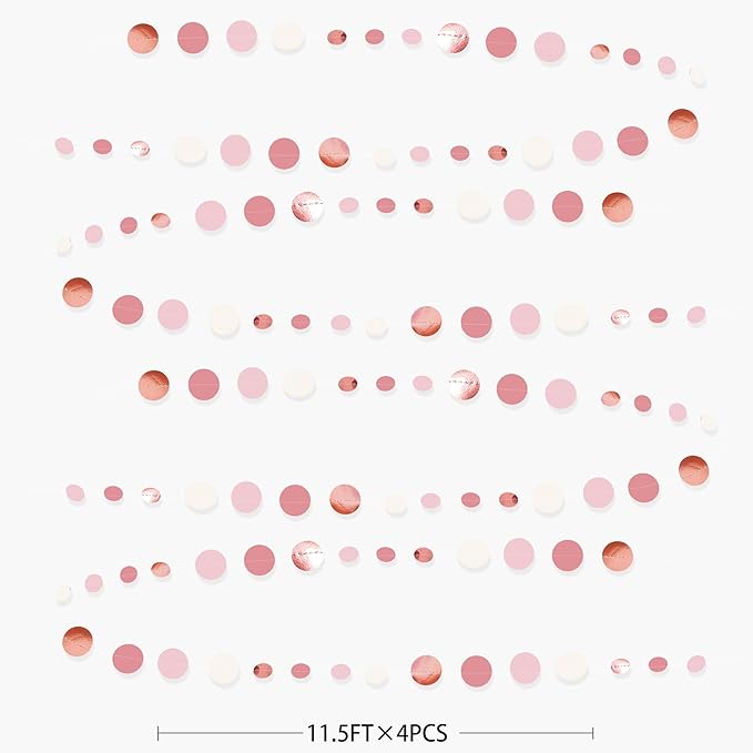 Rose Gold Party Decorations Dusty Pink Circle Dots Garland Blush Pink Hanging Paper Polka Dot Streamer for Birthday Wedding Bridal Shower Bachelorette Engagement Baby Shower Anniversary Party Supplies