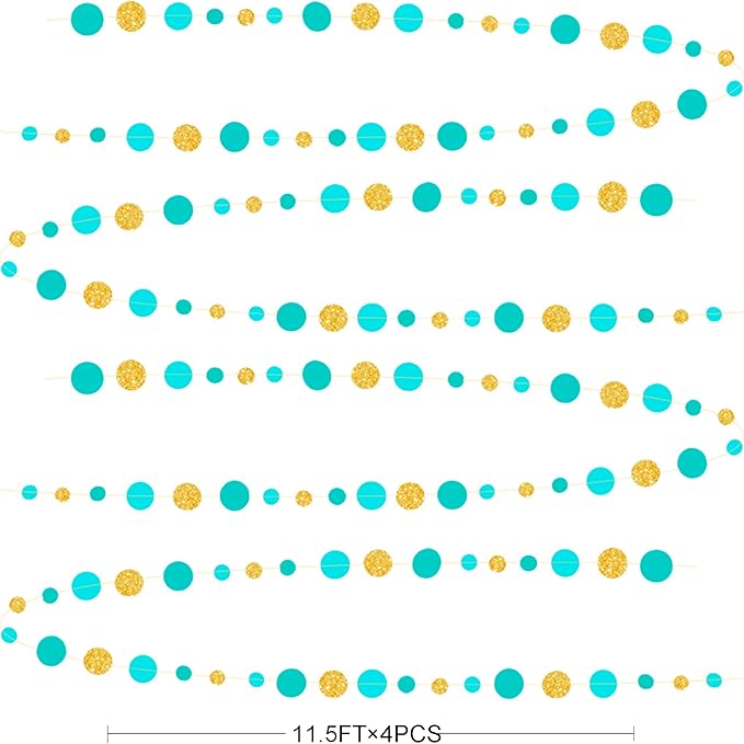 Teal Gold Party Polka Dot Garland Banner Aqua Turquoise Glitter Gold Hanging Paper Circle Dots Streamer for Birthday Baby Shower Wedding Engagement Bridal Shower Retirement Party Decorations Supplies
