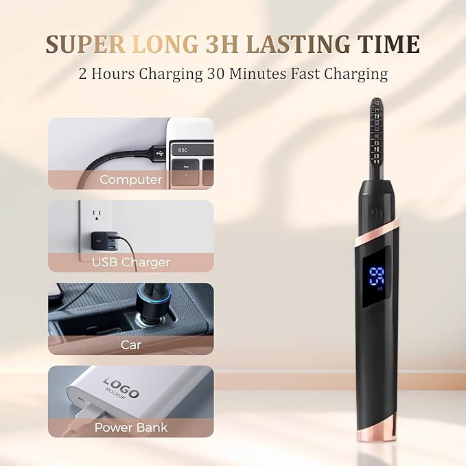 Heated Eyelash Curlers - Rechargeable Electric Eyelash Curler with 4 Heat Settings,Long-Lasting Curling Tool Includes Eyelash Brush,LED Display,Best for Women's Makeup (Black)