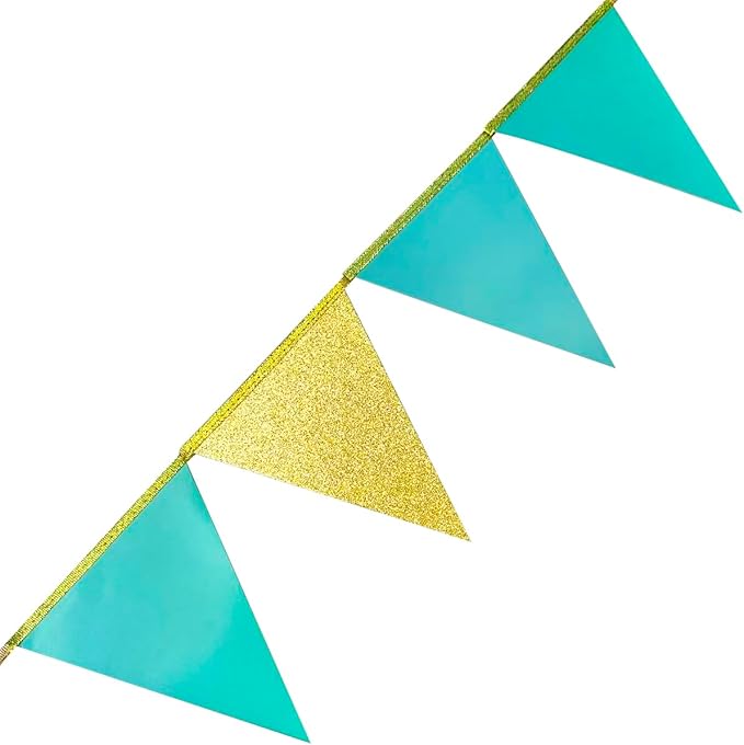 Teal Aqua Blue and Gold Party Decorations Pennant Banner Flag Hanging Glitter Paper Triangle Bunting for Baby Shower Birthday Graduation Bridal Shower Wedding Engagement Turquoise Party Decor Supplies