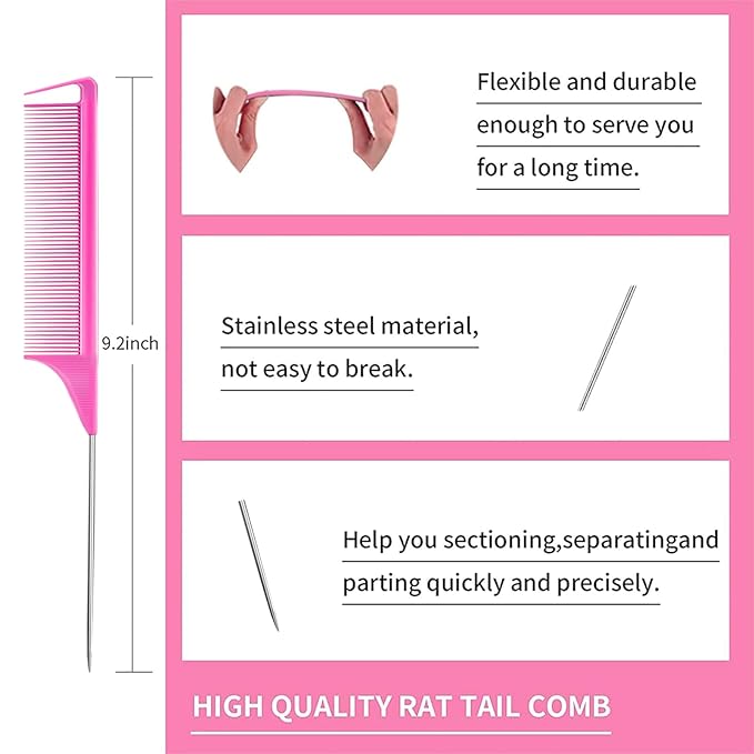 8 Pieces Styling Comb Set - Teasing Brush, Rat Tail Comb, Edge Brush for Slicking and Combing Hair for Women (Pink)