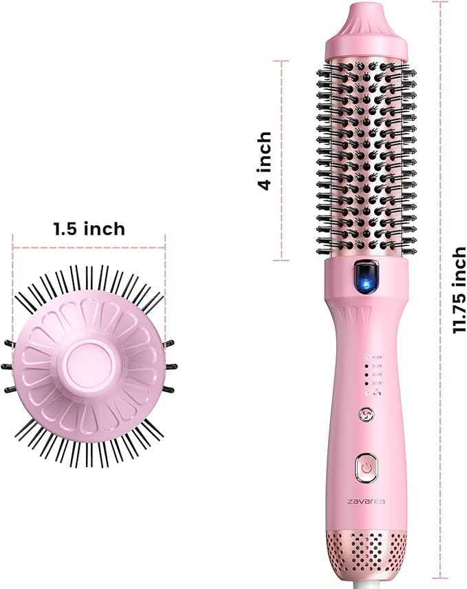 Zavarea Thermal Brush, 1.5 Inch Heated Round Brush for Blowout Look, Hot Styler with 800M Negative Ions & Ceramic for Less Damage & Frizz, Boosts Shine & Easy to Use, Dual Voltage, Youthful Pink