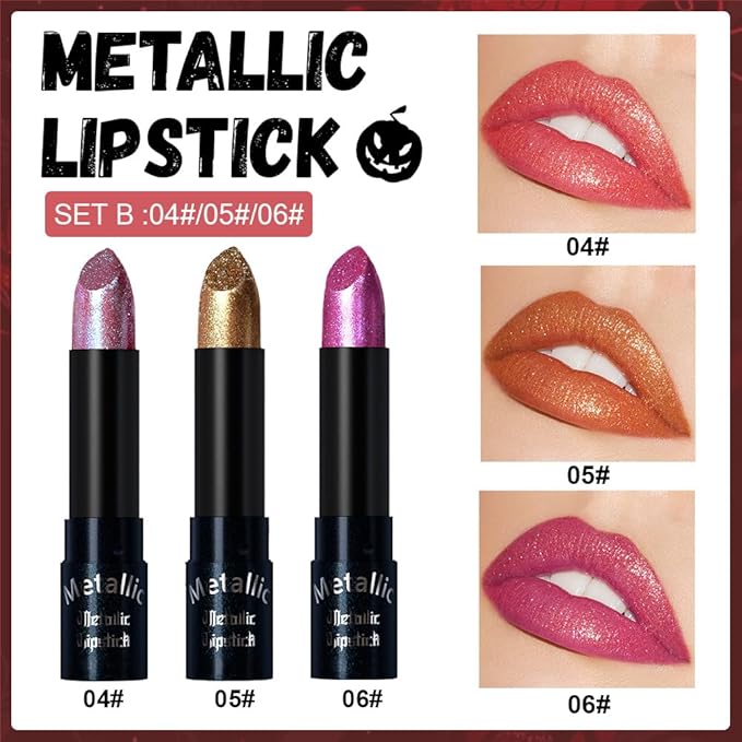 3Pcs Metallic Lipstick for Women,Lightweight Non-Drying Shimmer Frosted Lipsticks Kit Set,Glitter Lip Gloss Stain Long Lasting Waterproof No Smudge Proof No Transfer 12 Hour,Cruelty-Free Makeup (B)