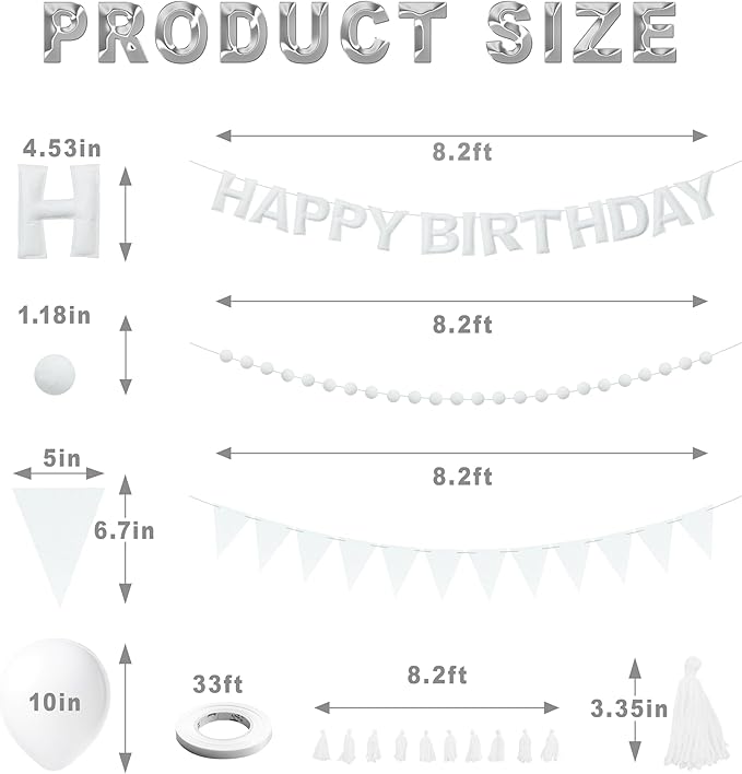 White Themed Birthday Decoration Set, White Pre-Strung 3D Felt Happy Birthday Banners, Pom-Pom Garland, Party Pennant Felt Banner Flags, Tassel Garland, Balloons, Reusable Party Decor,Photo Prop