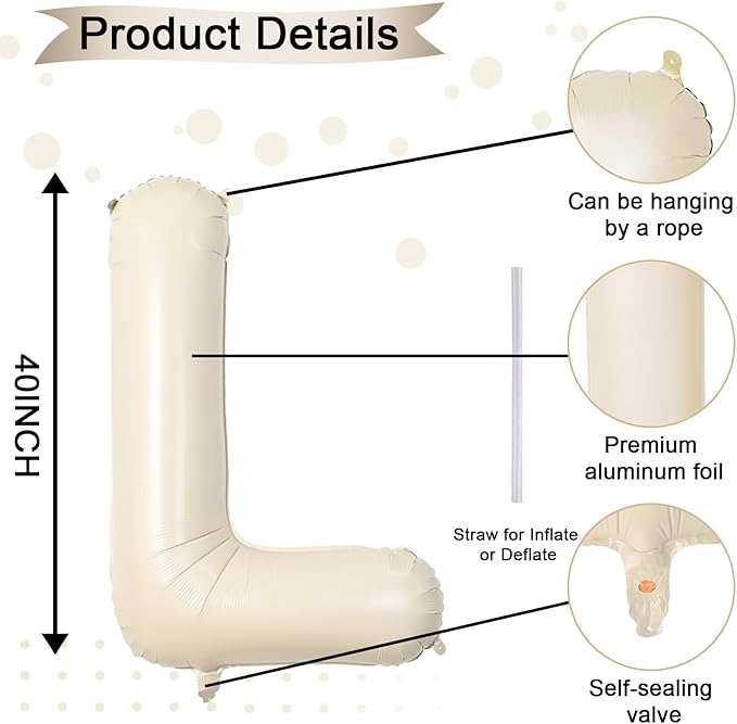 40 Inch Letter Balloons L, Big Custom A-Z Alphabet Foil Name Balloon Cream White, Self Inflating Beige Customize Helium Balloon Letters L for Women Girls Birthday Bride Baby Shower Party Decorations
