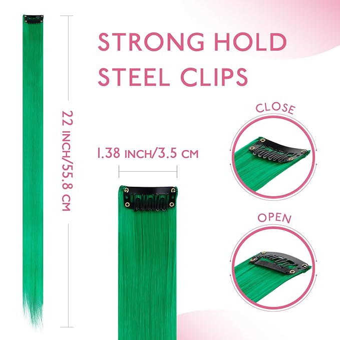 WENNALIFE 12 PCS Green Hair Extensions Clip in, Colored Clip in Hair Extensions for Kids Highlights Rainbow Hair Clips for Girls Synthetic Straight Pop-up Style Colorful Festival Girl Hair Accessories