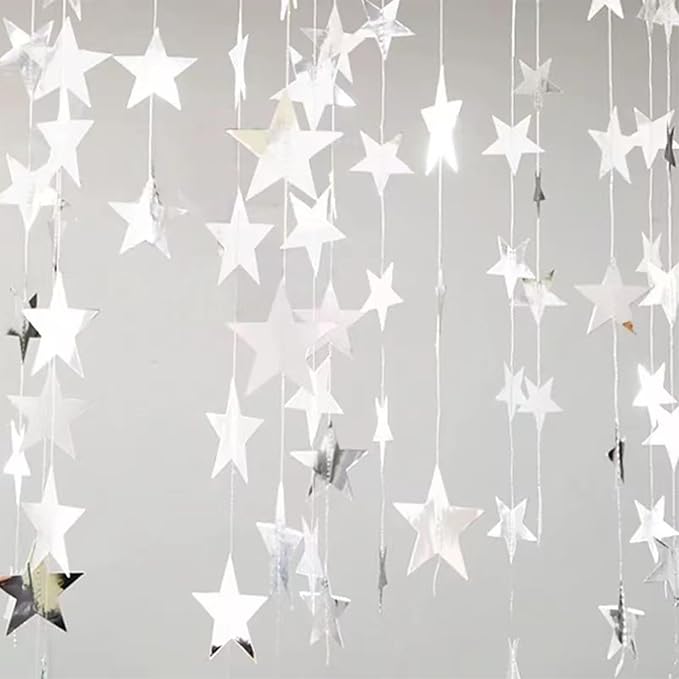 Yzurbu Silver Star Garland, 78 Feet Double Side Hanging Sparkly Paper Star Banner Decorations for Birthday Wedding Engagement Baby Shower Christmas Thanksgiving Halloween