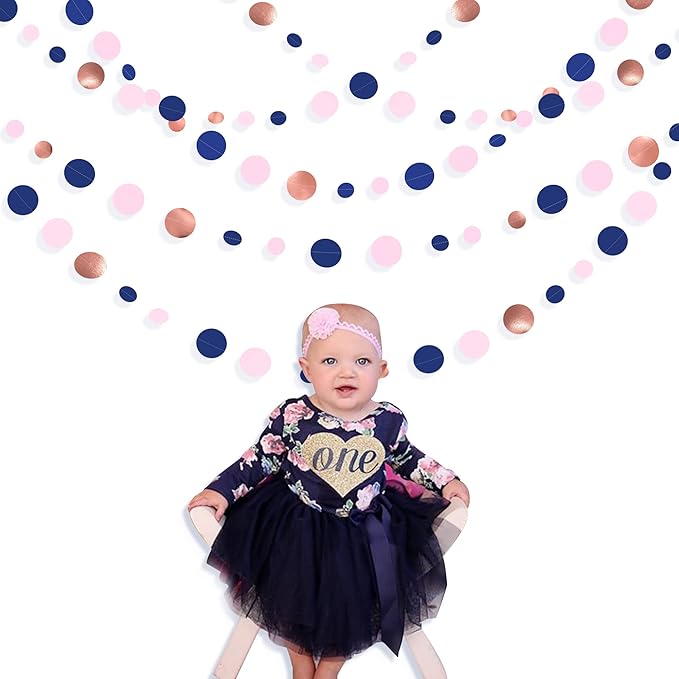 46Ft Navy Blue Blush Circle Dot Garland Royal Blue Pink Rose Gold Hanging Paper Polka Dot Streamer for Gender Reveal Baby Shower Birthday Engagement Wedding Bridal Shower Anniversary Party Decorations