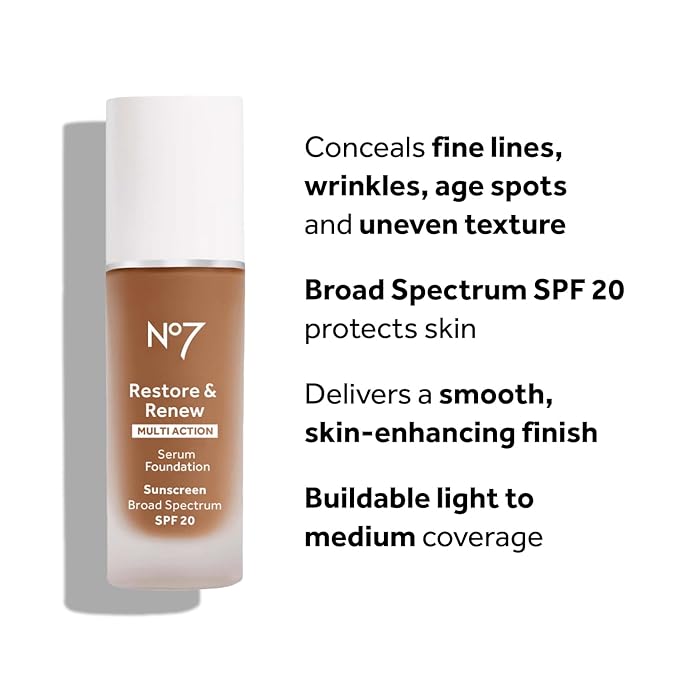 No7 Restore & Renew Multi Action Serum Foundation - Wheat - Liquid Foundation Makeup with Vitamin C, Vitamin E & Collagen for Face - Beauty Skin Serum Formula with Medium Coverage (30ml)