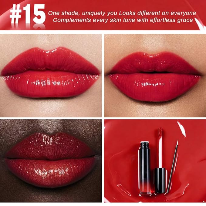 evpct Cool Ruby Red Shiny Longwear No-Budge Liquid Lip Color Lipstick Makeup, Highly Pigmented Color Instant Shine, Waterproof Long Lasting Lipstick Women, Lip Stain Gloss with Lip Liner Brush, 15#