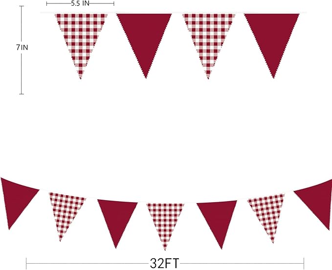 32Ft Burgundy Party Decorations Burgundy Gingham Plaid Checkered Triangle Flag Pennant Fabric Garland Streamers for Graduation Wedding Birthday Baby Shower Picnic Outdoor Home Party Decorations