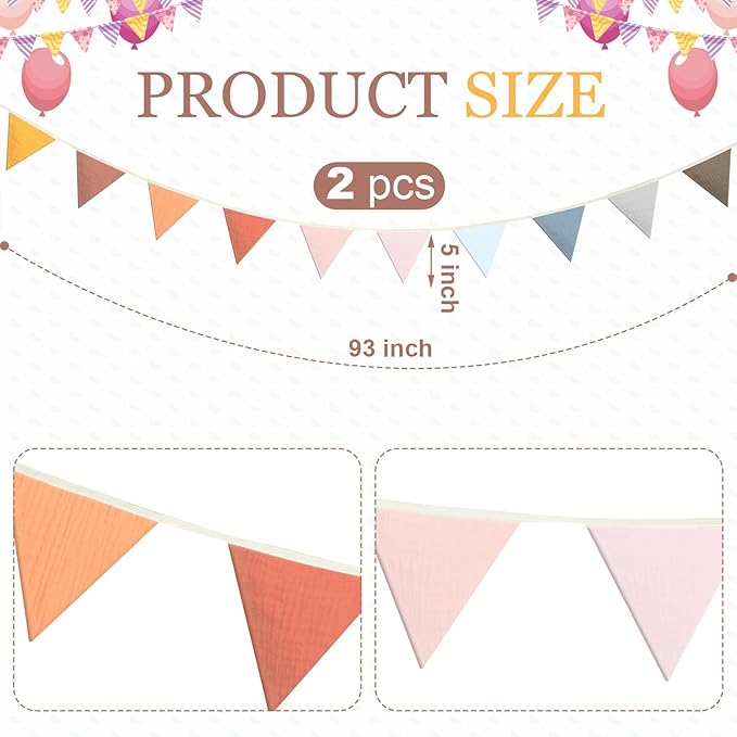 VitalCozy 17 ft Pennant Banner Flags, 2 Pcs Nursery Garland Triangle Bunting Flag Double Side Baby Banner for Boho Decor Baby Shower Birthday Wedding Party Event, Each 8.5 ft(Bright Colors)