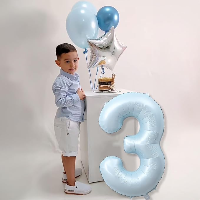 3rd Birthday Balloons for Boys, 40'' Foil Self Inflating Light Matte Blue Number 3 Balloon, Pastel Sky Blue Large Mylar 3 Balloon Number for Kids 3 Yeal Old Birthday Party Decor Anniversary Decoration
