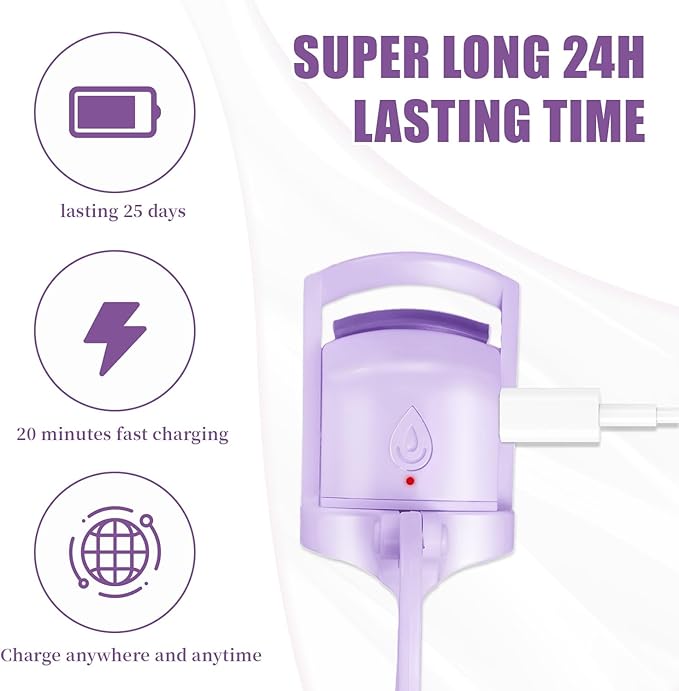 C-Shaped Heated Eyelash Curler Fast Heat Up in 5s - Rechargeable Electric Eyelash Curler for 24H Long Lasting Curls - Safe Anti-Burn Lash Curler Elevate Your Beauty with Stunning Lashes (Purple, L)