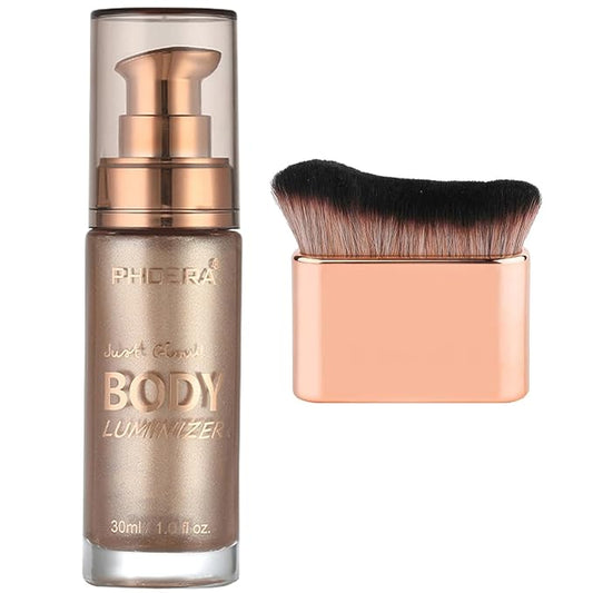 PHOERA Body Shimmer Oil, Bronzer Body Glow Highlighter Luminize with Makup Bursh,Self Tanning Lotion,1oz/Jars (101 Rose Gold)