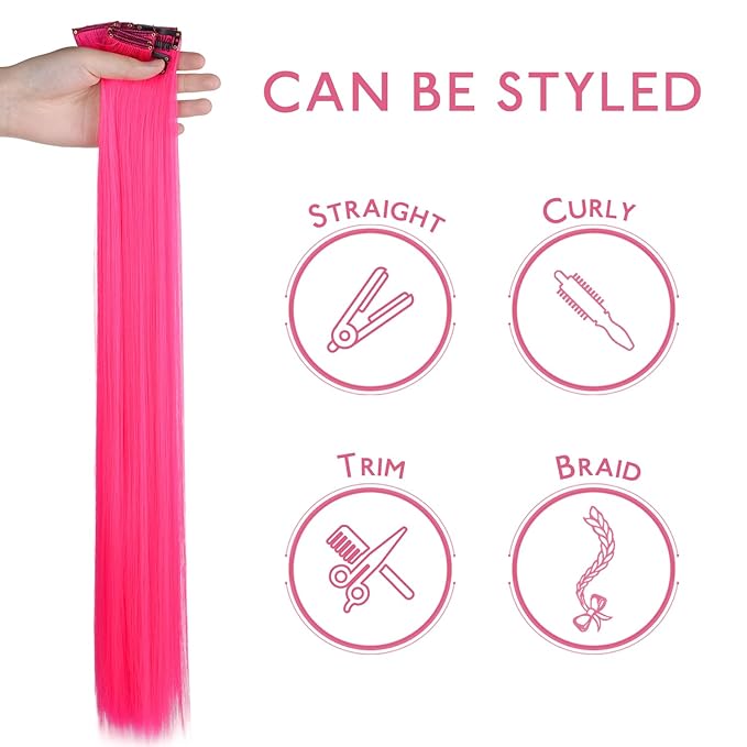 WENNALIFE 12 PCS Hot Pink Hair Extensions Clip in, Colored Clip in Hair Extensions for Kids Highlights Rainbow Hair Clips for Girls Synthetic Straight Pop-up Style Colorful Girls Hair Accessories