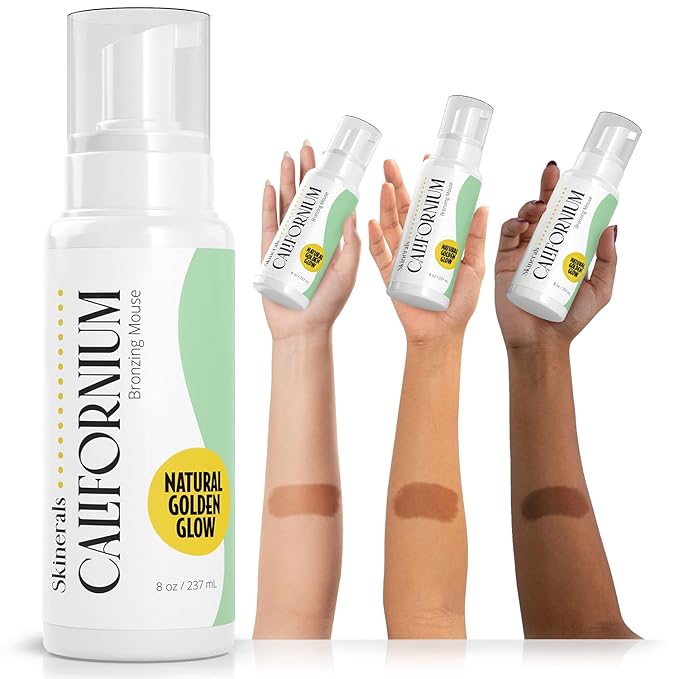 Skinerals Self Tanner Mousse, Organic Sunless Tanning Foam for Face & Body, Natural Looking, Streak-Free, Quick-Drying, Long-Lasting Fake Tan, 8 oz, Californium