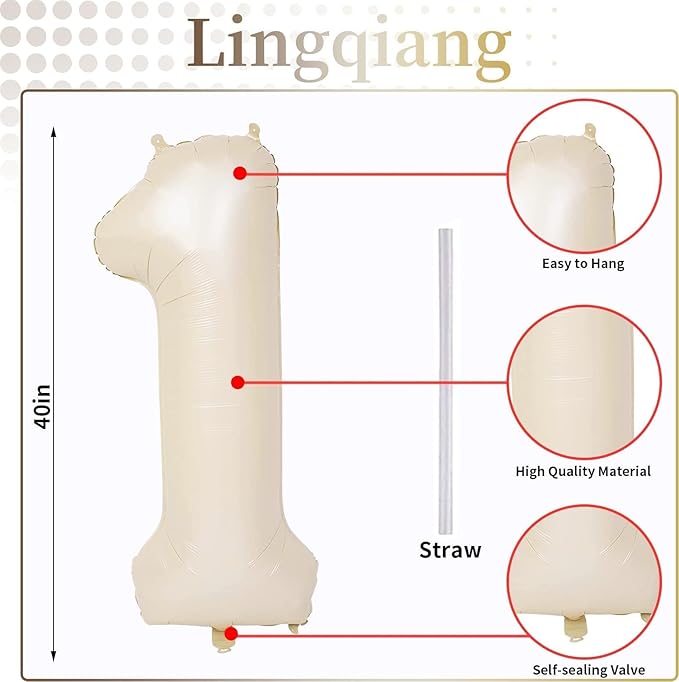 40 Inch Beige Number 1 Balloon for 1st Birthday Decoration, Large Self Inflating Cream Foil Number Balloons 0-9 for Boys Girls, White Sand 1 Helium Balloons for Women Men Party Anniversary Supplies