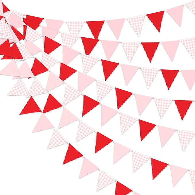 33 Ft Valentine's Day Hanging Banner Decoration Triangle Flag Red Pink Pennant Plaid Fabric Bunting Garland for Anniversary Wedding Baby Shower Party Supplies