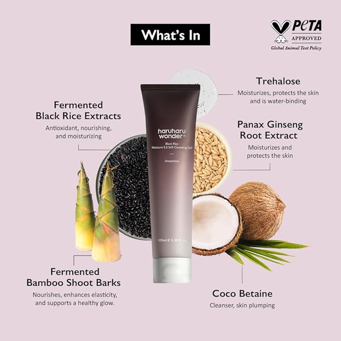Black Rice Moisture 5.5 Soft Cleansing Gel, Gentle Foaming Daily Cleanser, Low 5.5pH, Moisture Balance, Soap Free, For Sensitive Skin, Vegan & Cruelty-Free, 3.4 fl.oz